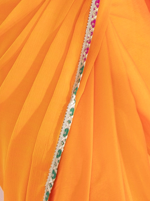 Dhiyona ST Lady Danger Orange Yellow Dual Shade Chiffon Saree with Lace and Self-Blouse Fabric
