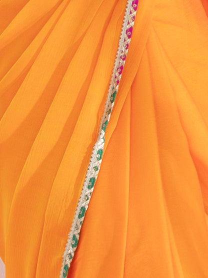 Dhiyona ST Lady Danger Orange Yellow Dual Shade Chiffon Saree with Lace and Self-Blouse Fabric