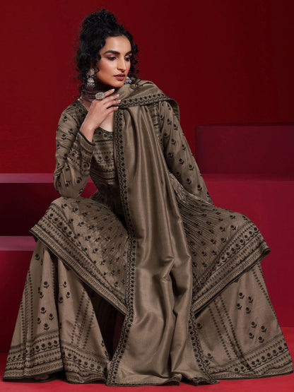 Dhiyona LL Womens Brown Embroidered A-Line Kurta With Sharara & Dupatta
