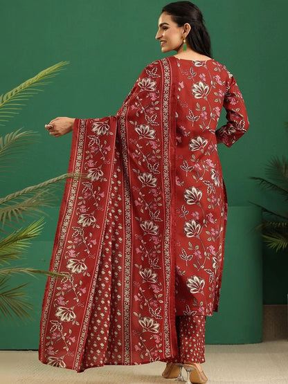 Women Floral Printed Regular Thread Work Kurta with Trousers & With Dupatta