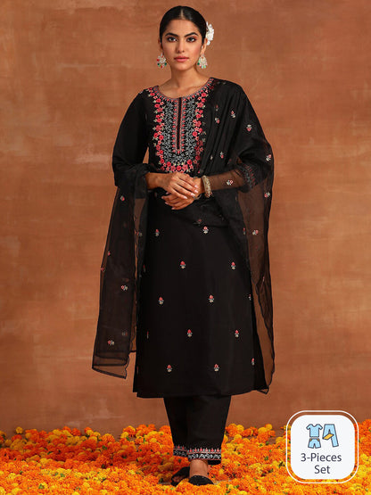 Floral Embroiderd Thread Work Straight Kurta & Trousers With Dupatta