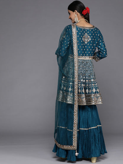 Dhiyona LL Libas Womens Blue Embroidered Silk Anarkali Kurti With Sharara & Dupatta