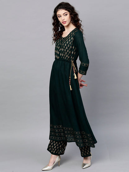Dhiyona IS Women's Women Green Ethnic Motifs Yoke Design Kurta with Trousers