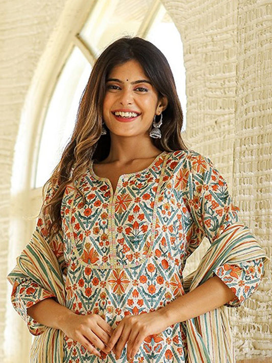 Dhiyona KL Ethnic Motifs Printed Regular Pure Cotton Kurta With Trousers & Dupatta