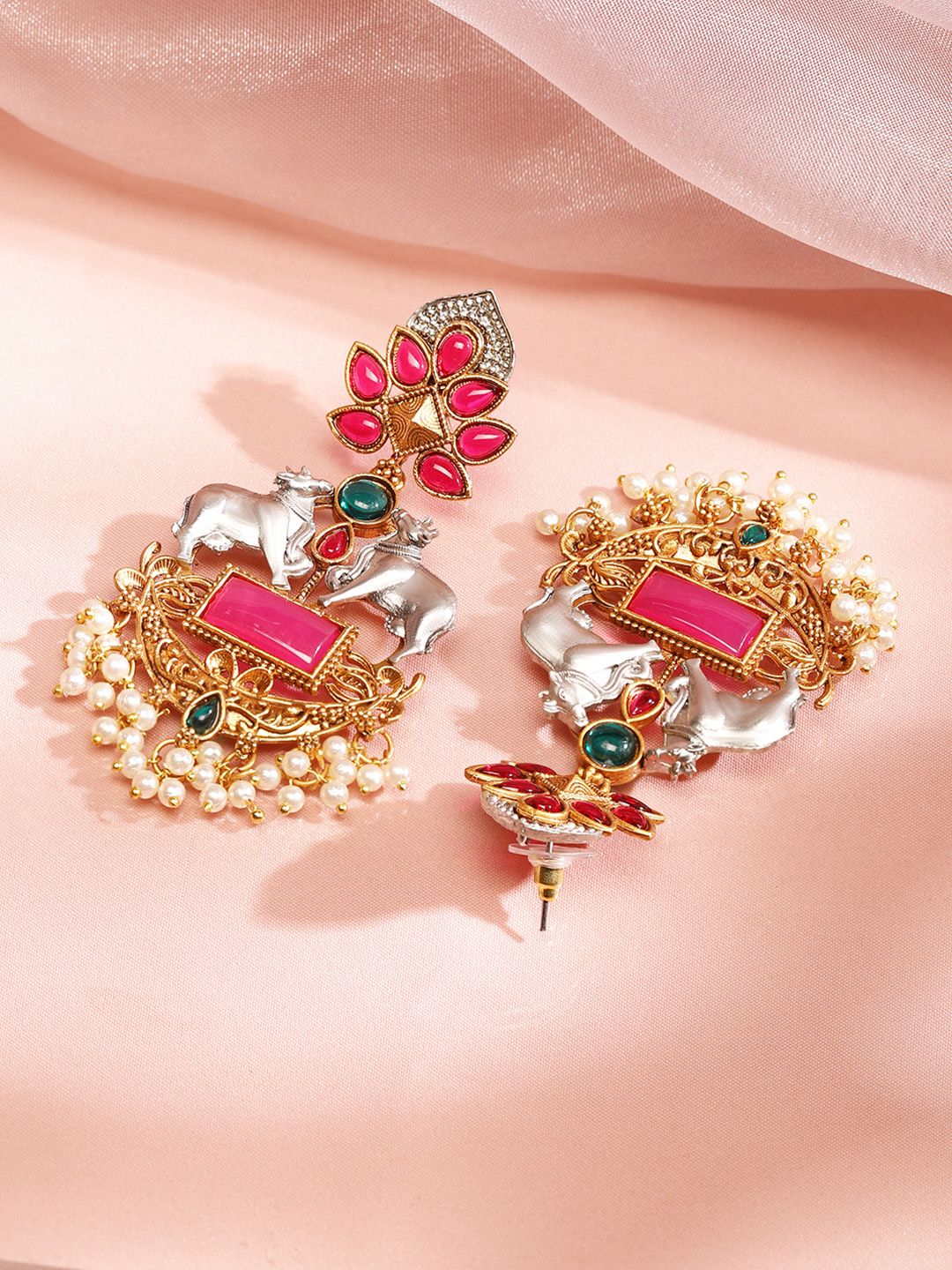 Dhiyona RJ Women's Gold & Silver Plated Pink Stones Studded & Pearl Beaded Cow Charm Earrings