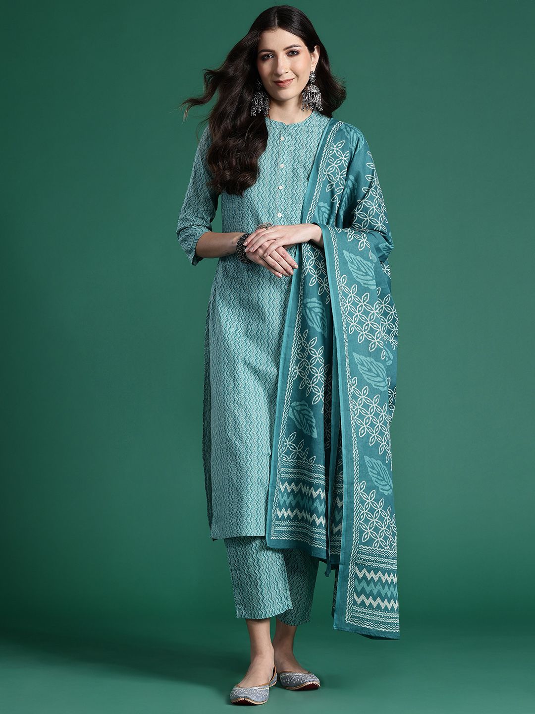 Dhiyona IE Women Printed Regular Pure Cotton Kurta with Trousers & With Dupatta