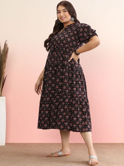 Dhiyona AY Women's Printed Cotton Fit & Flared Midi Dress