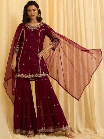 Dhiyona CH Floral Embroidered Sequinned Georgette Kurta with Sharara & Dupatta