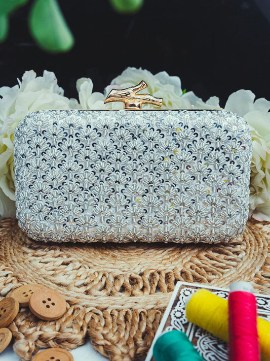 Dhiyona NR Silver-Toned & Gold-Toned Embroidered Embellished Box Clutch