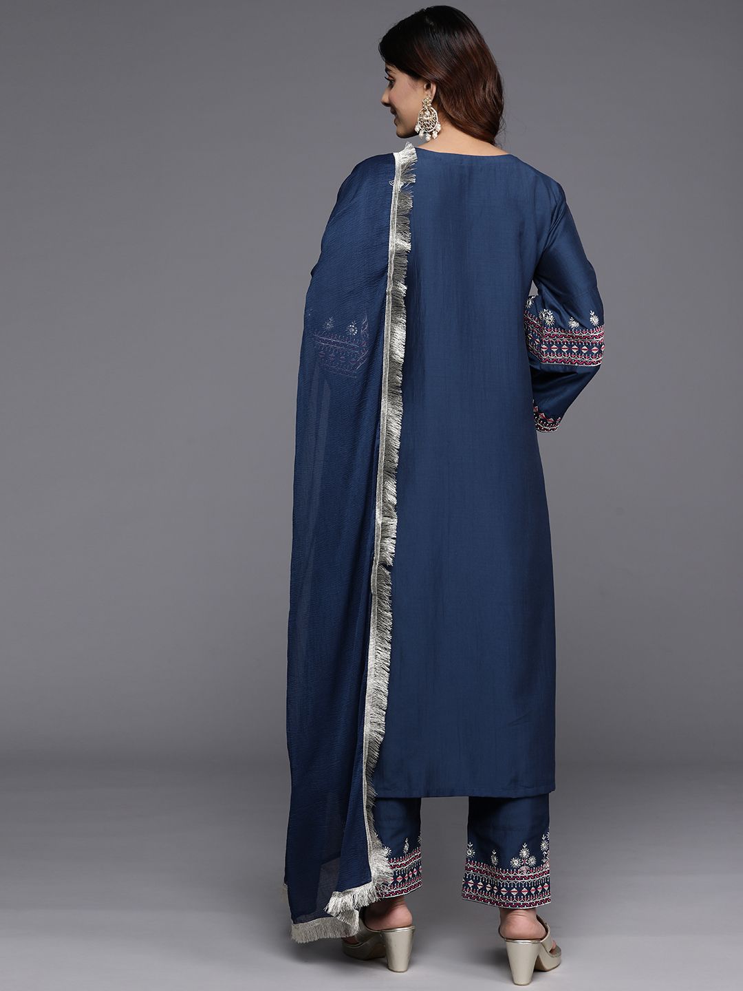Navy Blue Women Ethnic Motifs Embroidered Regular Kurta with Trousers & With Dupatta