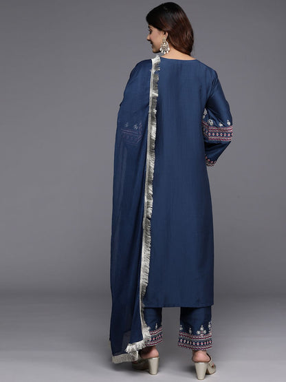 Navy Blue Women Ethnic Motifs Embroidered Regular Kurta with Trousers & With Dupatta