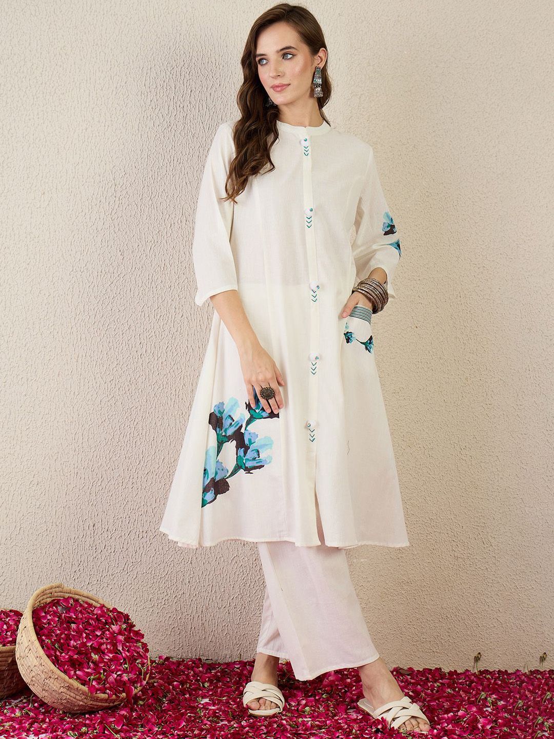 Floral Printed Mandarin Collar Pure Cotton A-Line Kurta With Trouser