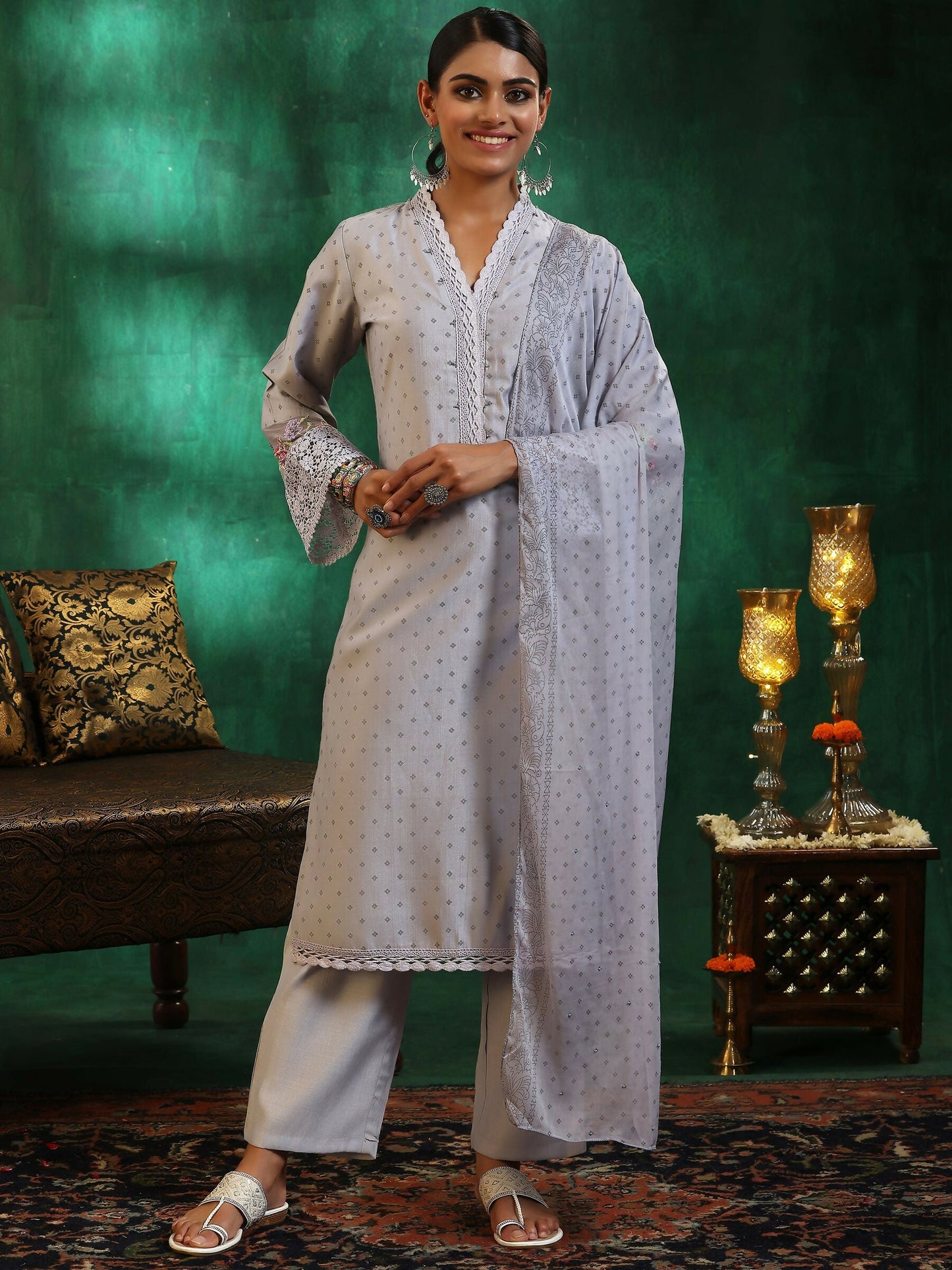 Women's LB Grey Printed Silk Blend Straight Suit With Dupatta