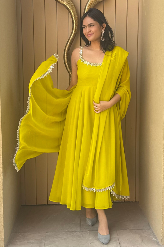 Dhiyona ST 3 pc Suit Set -Lime Green Mirror Edge Georgette Sleeveless Anarkali with Dupatta and Pants