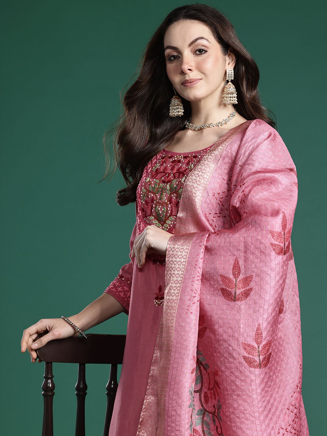 Dhiyona IE Floral Embroidered Thread Work Kurta with Trousers & With Dupatta