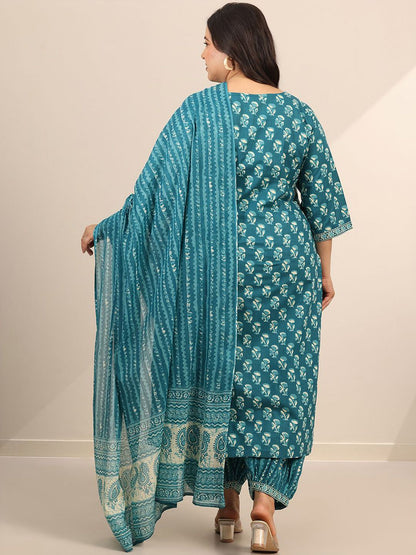 Dhiyona Women's Plus Size Floral Printed Straight Kurta With Salwar & Dupatta