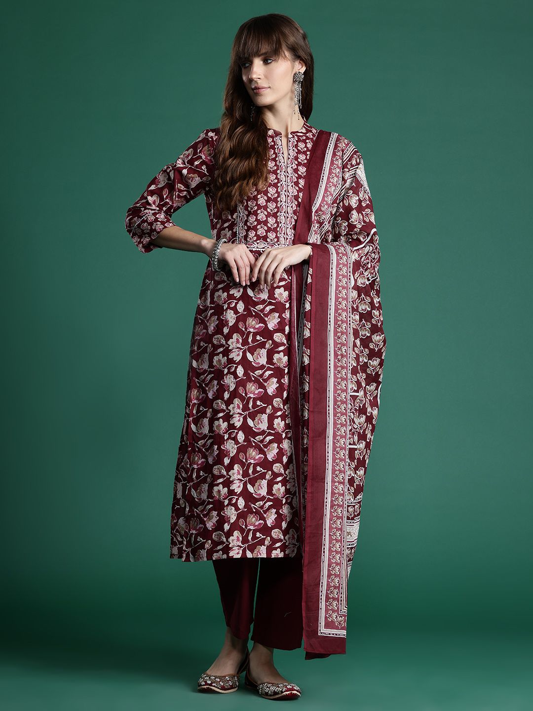 Dhiyona IE Floral Printed Pure Cotton Kurta With Trousers & Dupatta