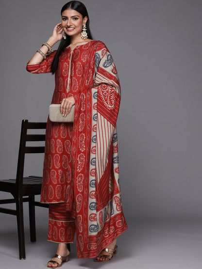 Women Red Paisley Printed Gotta Patti Kurta with Trousers & With Dupatta