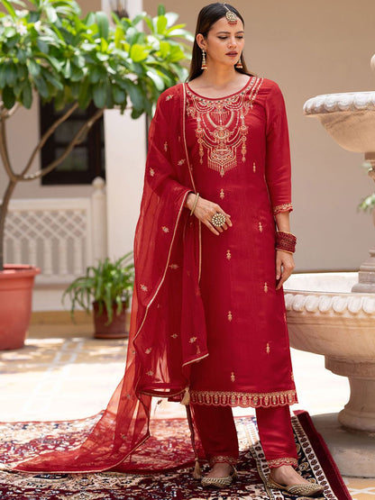 Dhiyona CH Ethnic Motifs Embroidered Thread Work Kurta with Trousers & With Dupatta