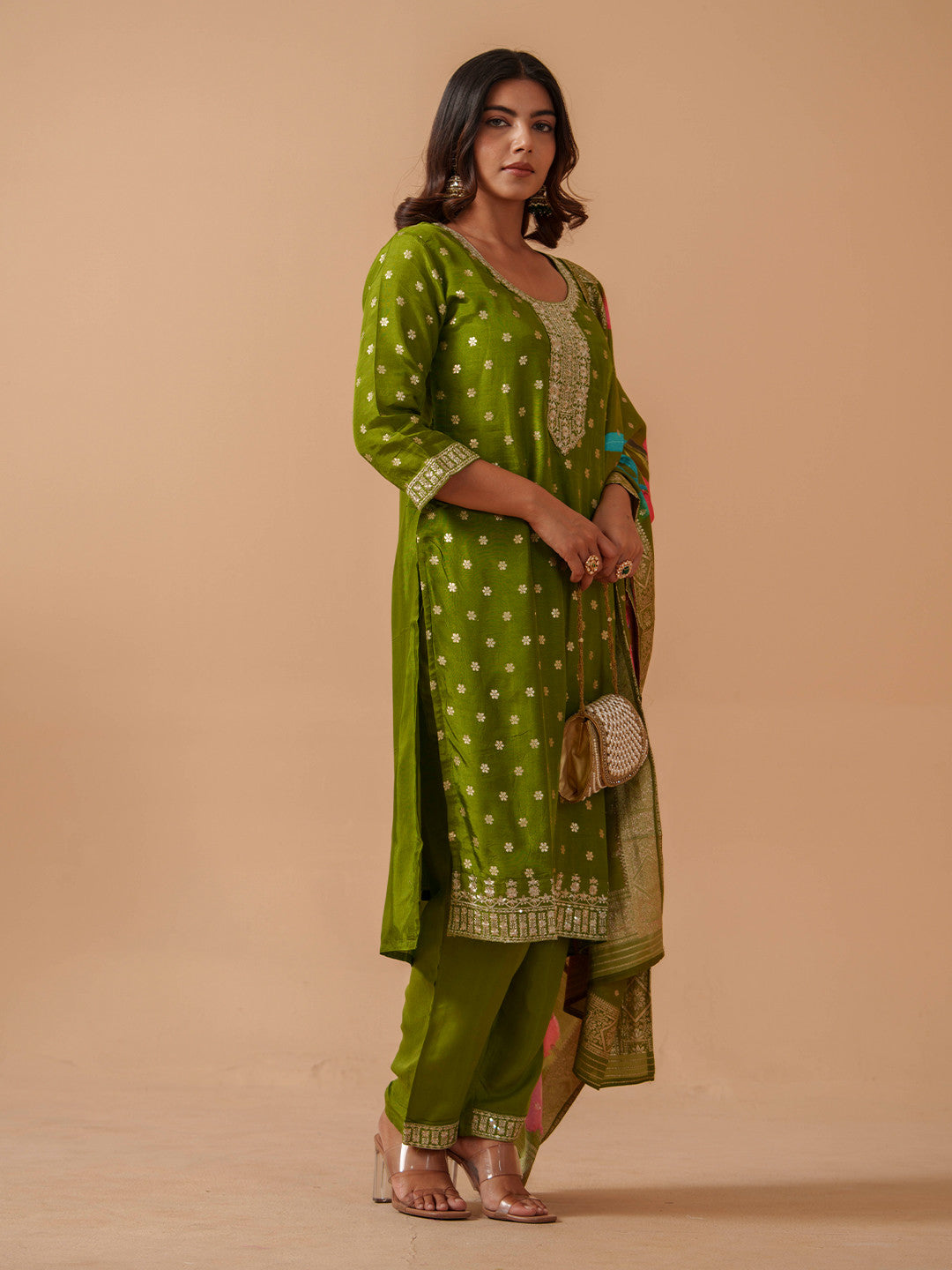Floral Embroidered Kurta With Trousers & Dupatta