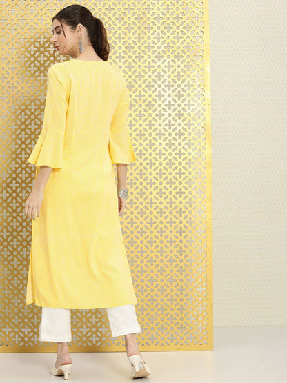 Dhiyona OD  Women Yellow & White Striped Bell Sleeves Rozana Kurta