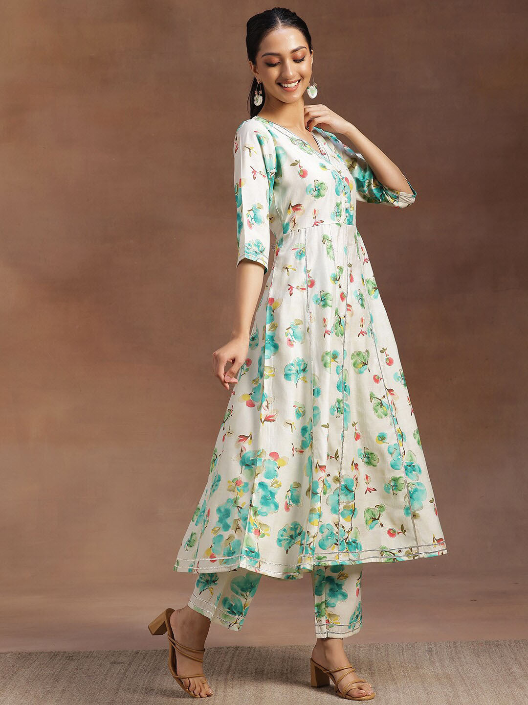 Womens Off White Printed Anarkali Kurta With Trousers