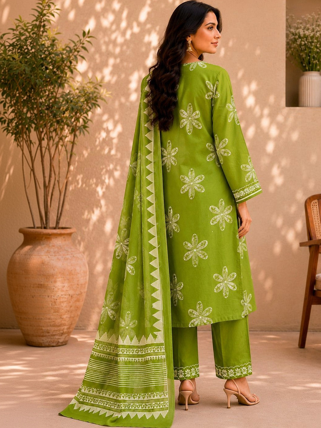 Women Floral Printed Regular Thread Work Pure Cotton Kurta with Trousers & With Dupatta
