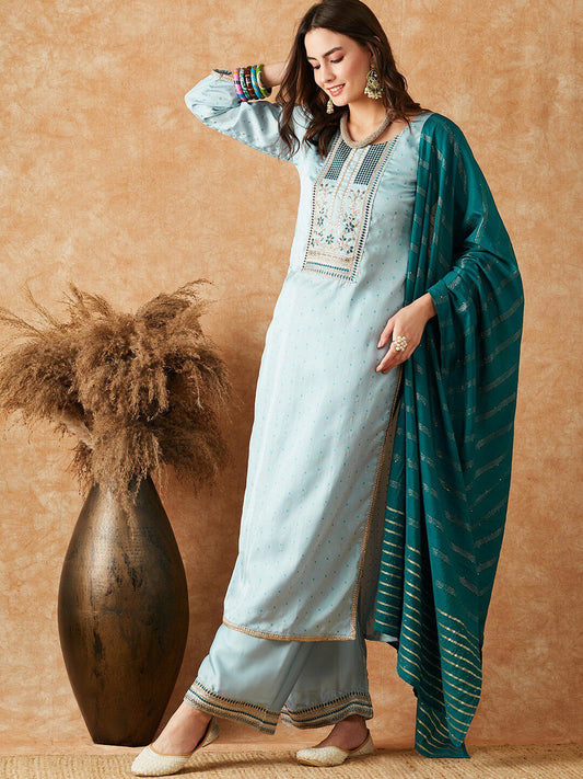 Dhiyona SN Embroidered Straight Kurta With Palazzo & Dupatta