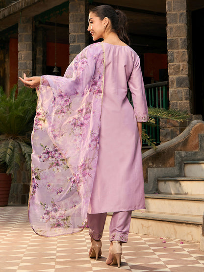 V Neck Ethnic Motifs Embroidered Regular Kurta with Trouser & Dupatta