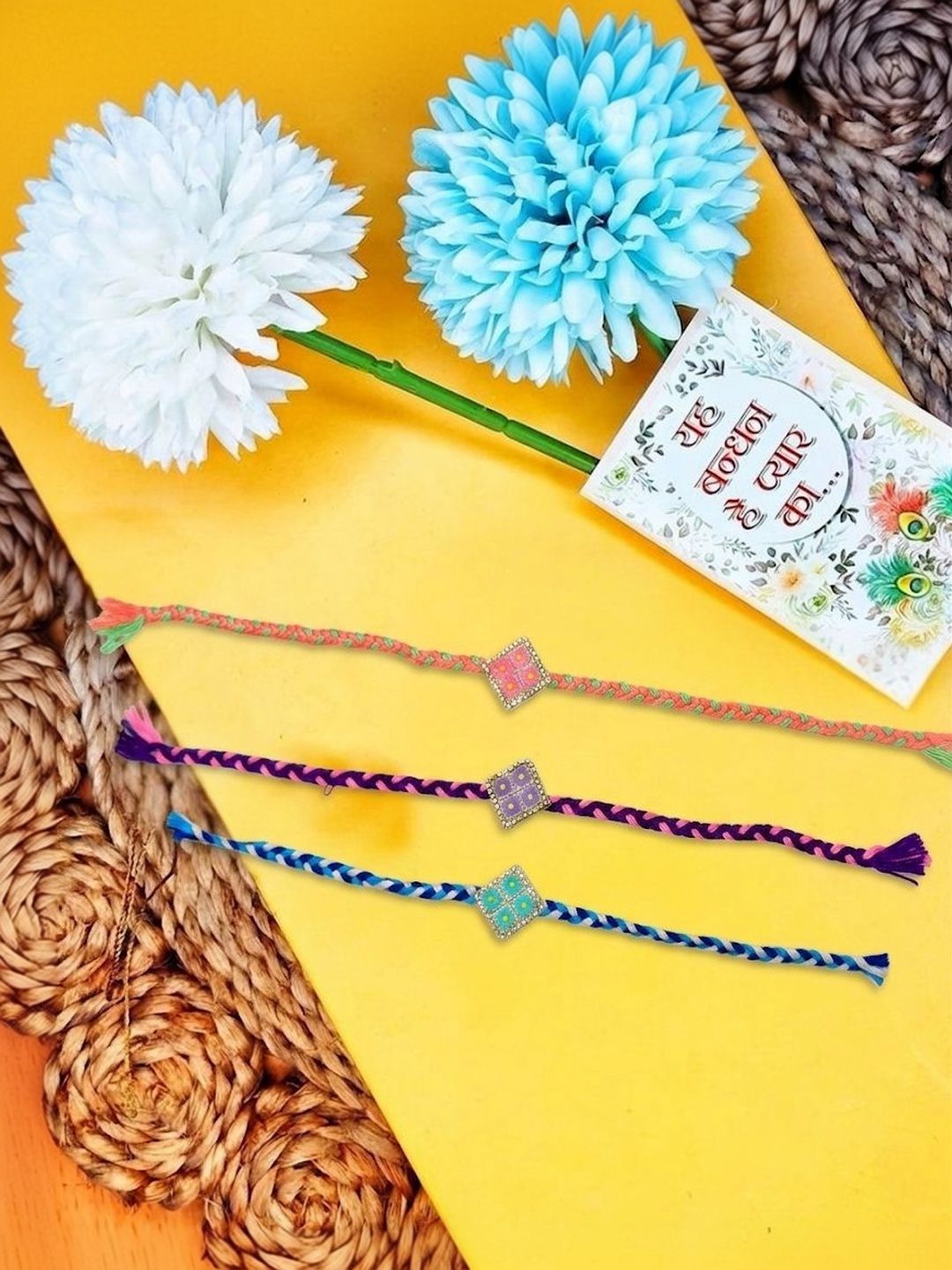 Dhiyona Set Of 3 Multicolor Ad Thread Rakhi With Roli Chawal Chandan Mishri