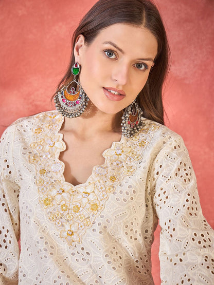 Dhiyona SN Women's Floral Schiffli Embroidered Thread Work Pure Cotton Straight Kurta & Trouser