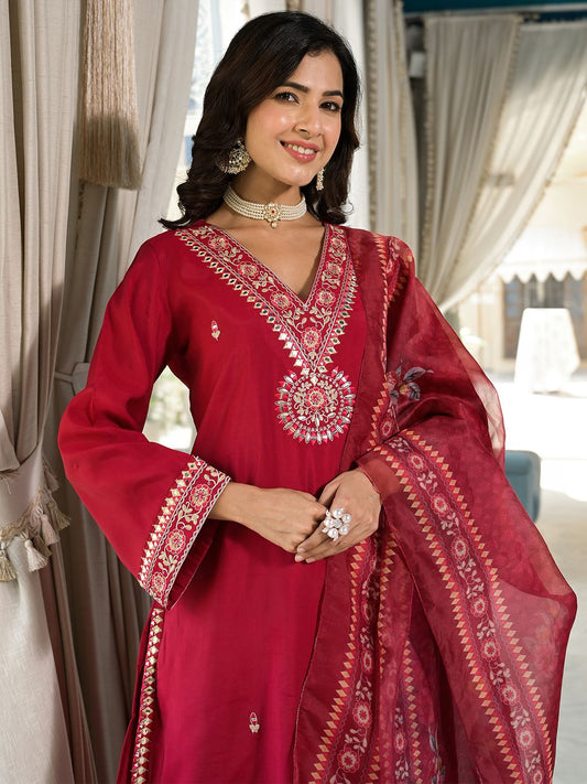 Dhiyona VA Ethnic Motifs Zari Embroidered Mirror Work Straight Kurta With Trousers & Dupatta