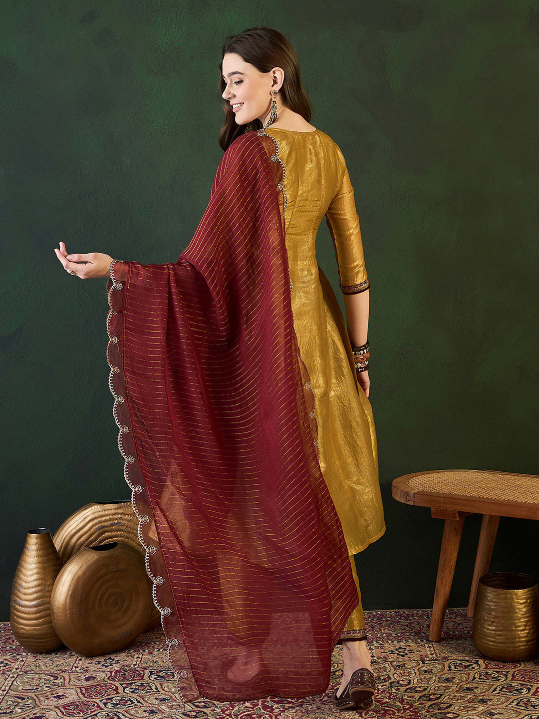 Gold Ethnic Motifs Embroidered Thread Work A-Line Kurta With Trousers And Dupatta