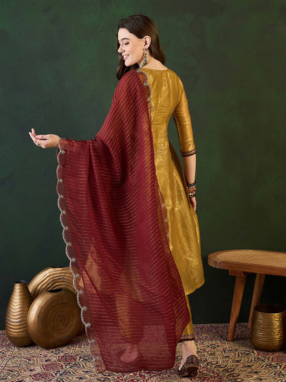 Gold Ethnic Motifs Embroidered Thread Work A-Line Kurta With Trousers And Dupatta
