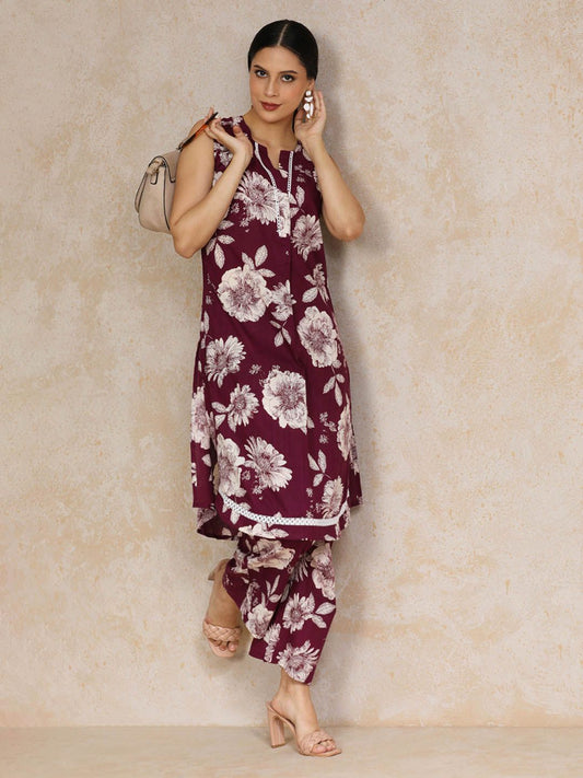 Dhiyona VA Women's Floral Printed Regular Pure Cotton Kurta with Palazzos