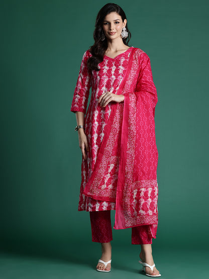 Ethnic Motifs Printed Pure Cotton Kurta With Trousers & Dupatta
