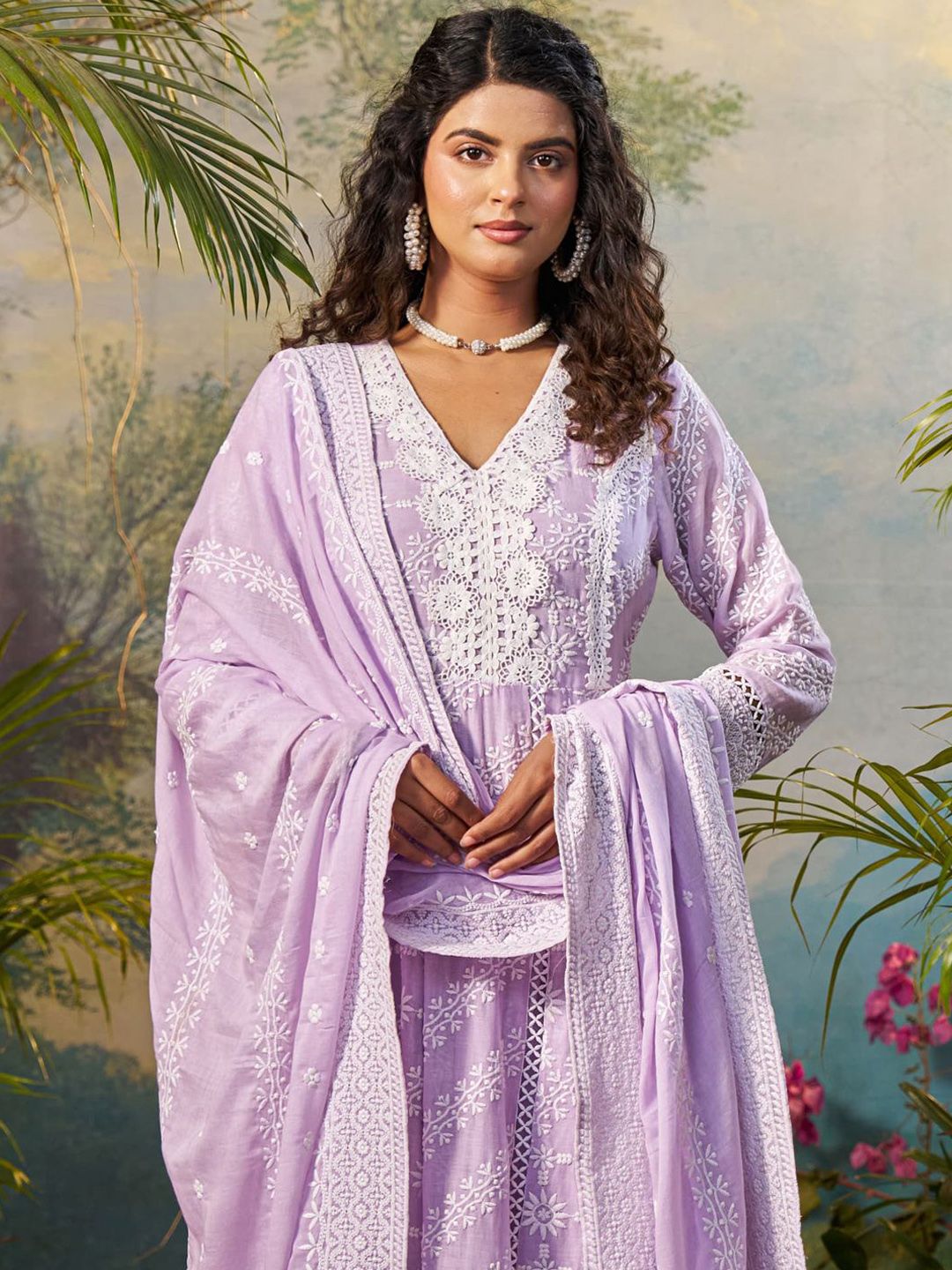 Dhiyona IE Floral Embroidered V Neck Anarkali Pure Cotton Kurta With Trousers & Dupatta