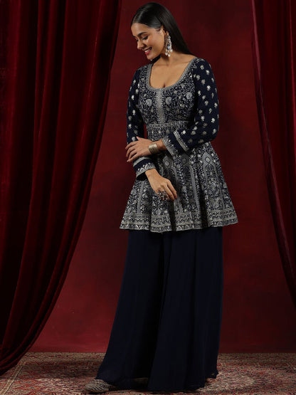 Dhiyona LL Womens Blue Embroidered Georgette Anarkali Kurta With Palazzos & Dupatta