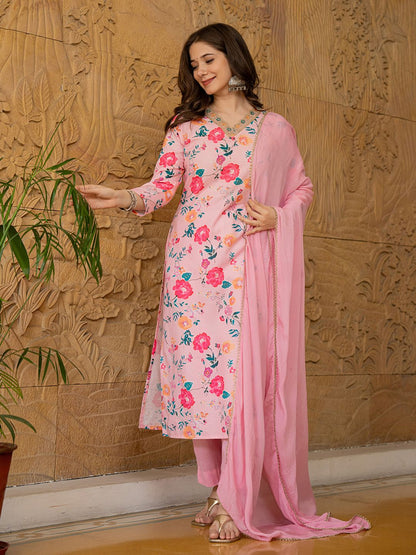Dhiyona KL Floral Printed V-Neck Thread Work Straight Kurta With Trousers & Dupatta