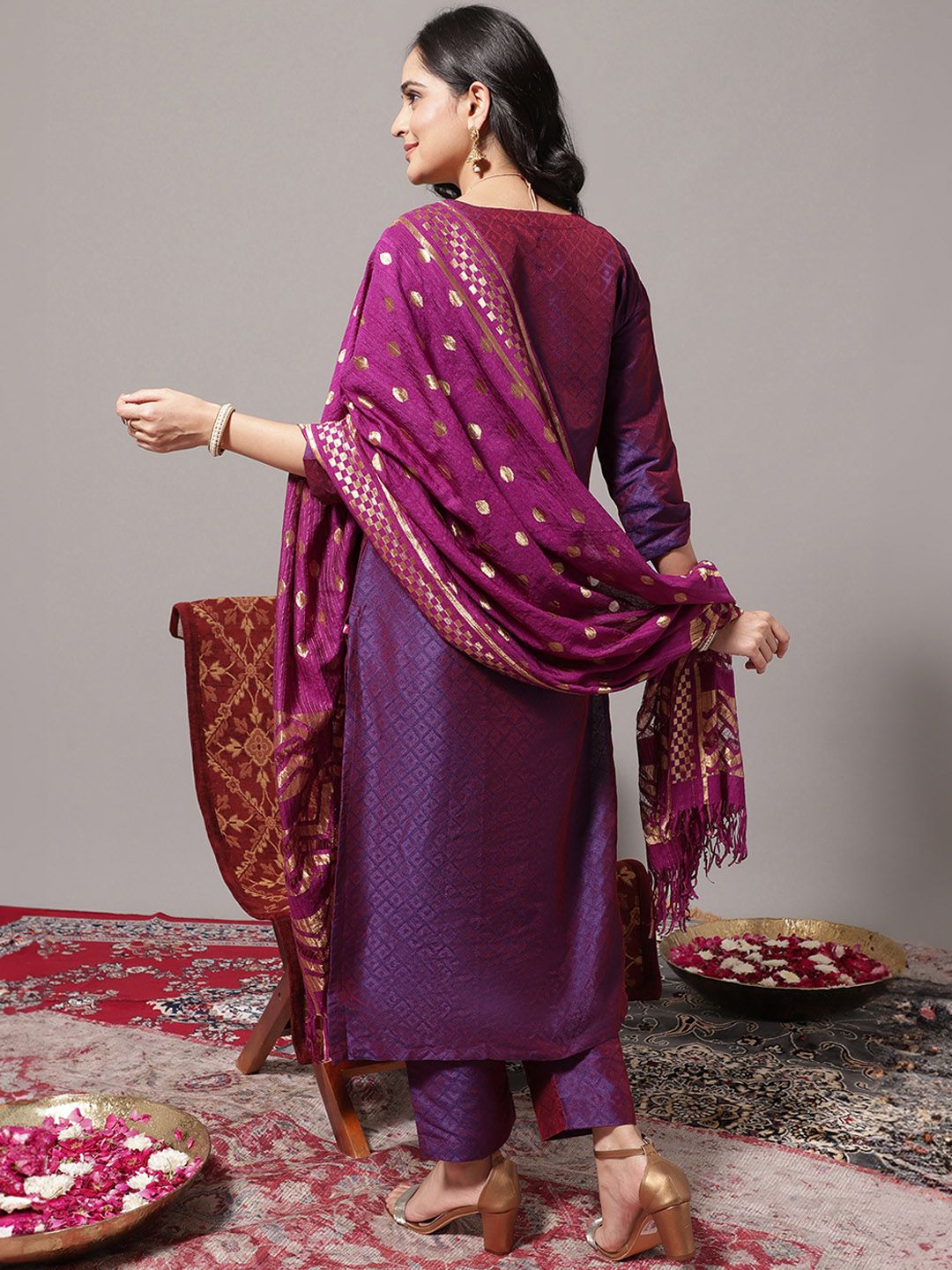 Dhiyona VA Women's Zari Embroidered Yoke Geometric Jacquard Kurta with Trouser & Dupatta