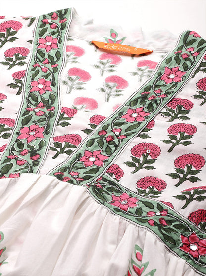Women Ethnic Motifs Printed Empire Mirror Work Pure Cotton Kurta with Trousers & With Dupatta
