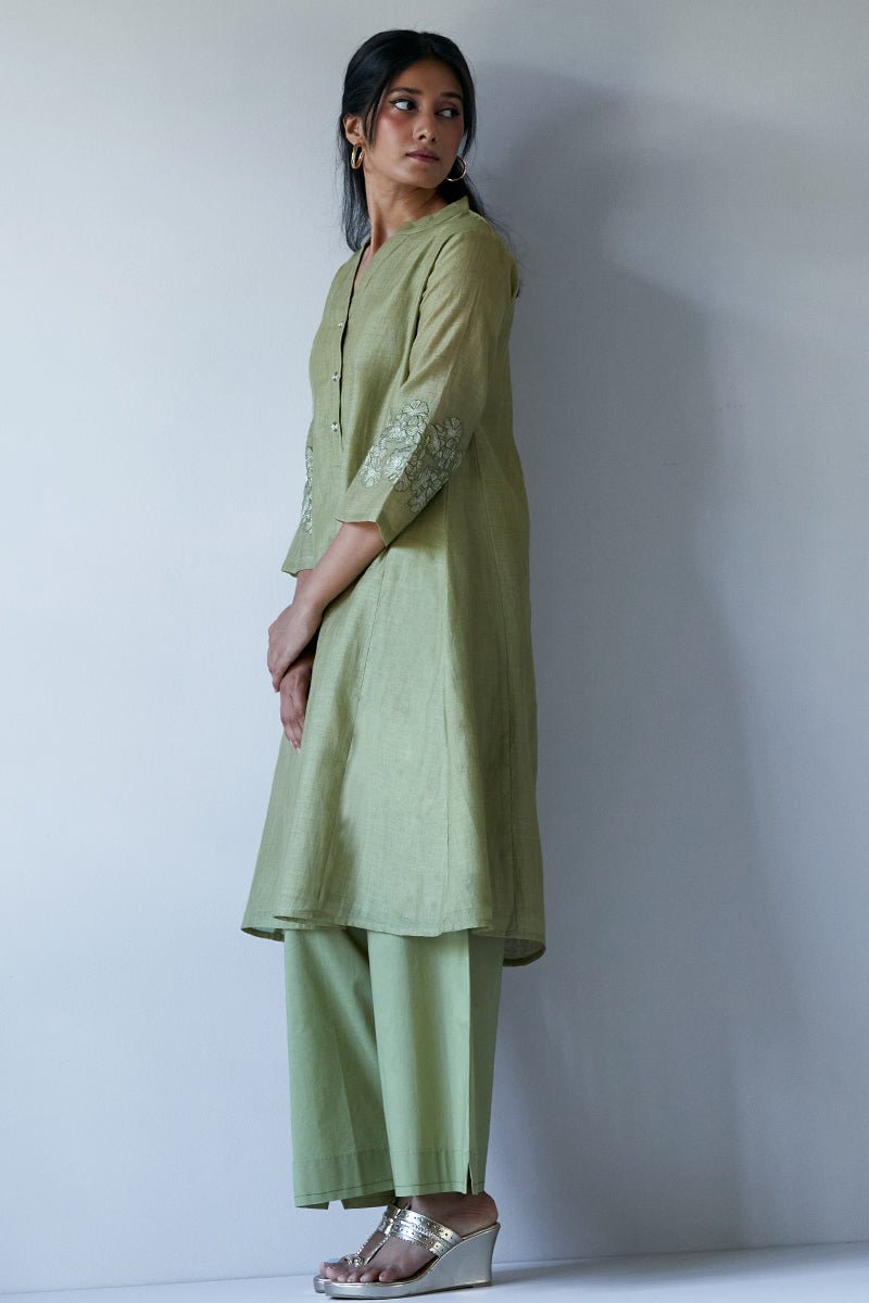 Women's Green Sand Silk Embroidered Sleeve Kurta With Cotton Bottom