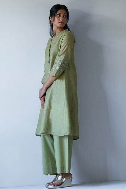 Women's Green Sand Silk Embroidered Sleeve Kurta With Cotton Bottom