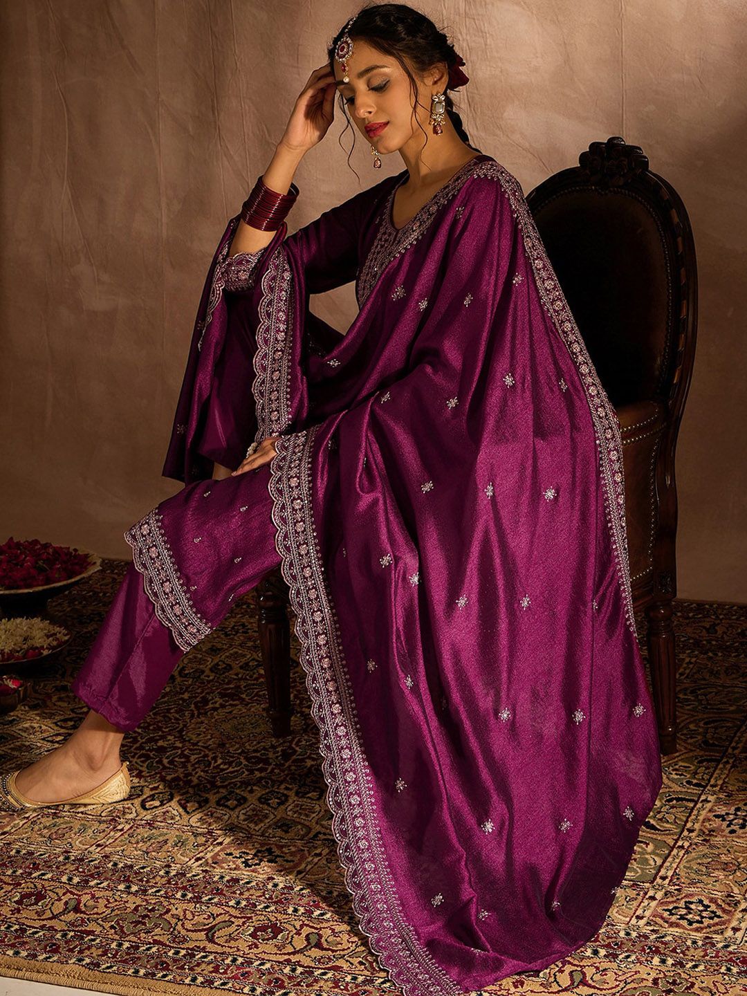 Ethnic Motifs Embroidered Thread Work Kurta with Trousers & Dupatta