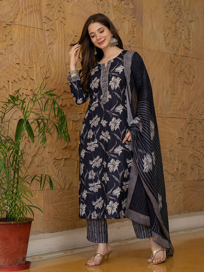 Dhiyona KL Floral Printed Gotta Patti Straight Kurta With Trouser & Dupatta