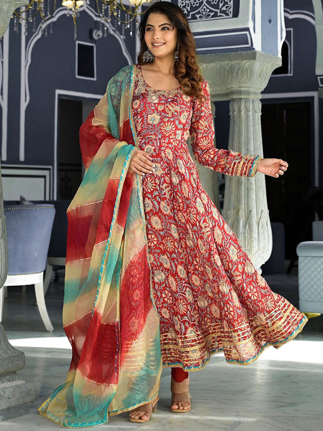 Dhiyona KL Floral Printed Thread Work Anarkali Kurta & Trousers With Dupatta