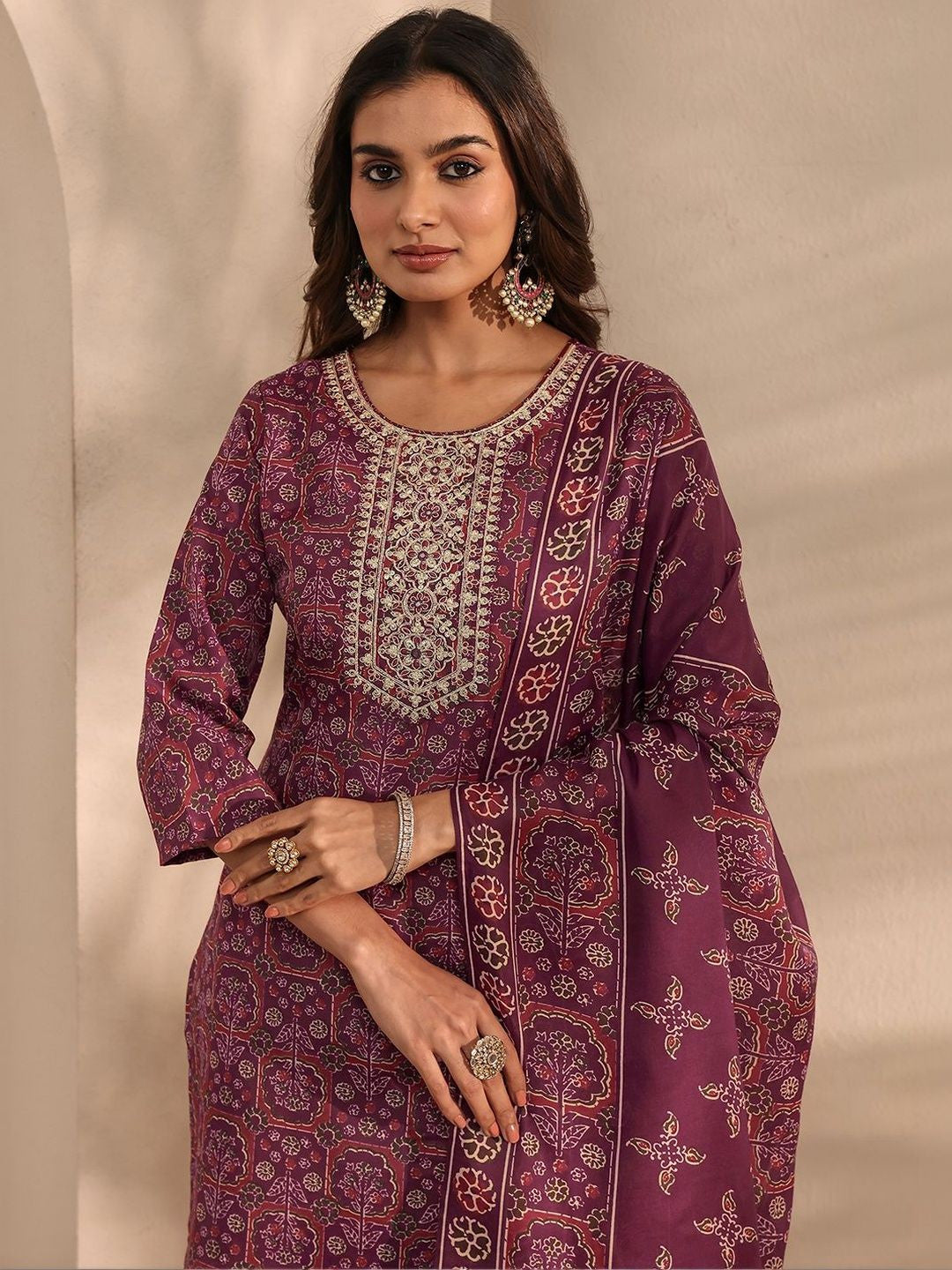 Women Ethnic Motifs Printed Regular Thread Work Kurta with Trousers & With Dupatta