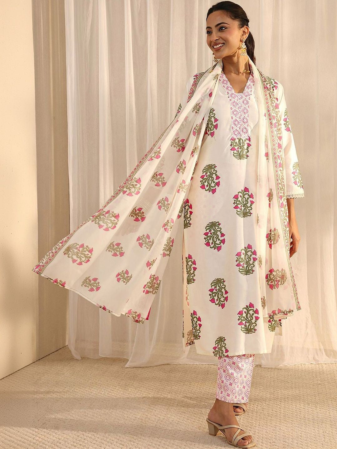 Off White Floral Printed Chanderi Silk Straight Suit Set with Dupatta
