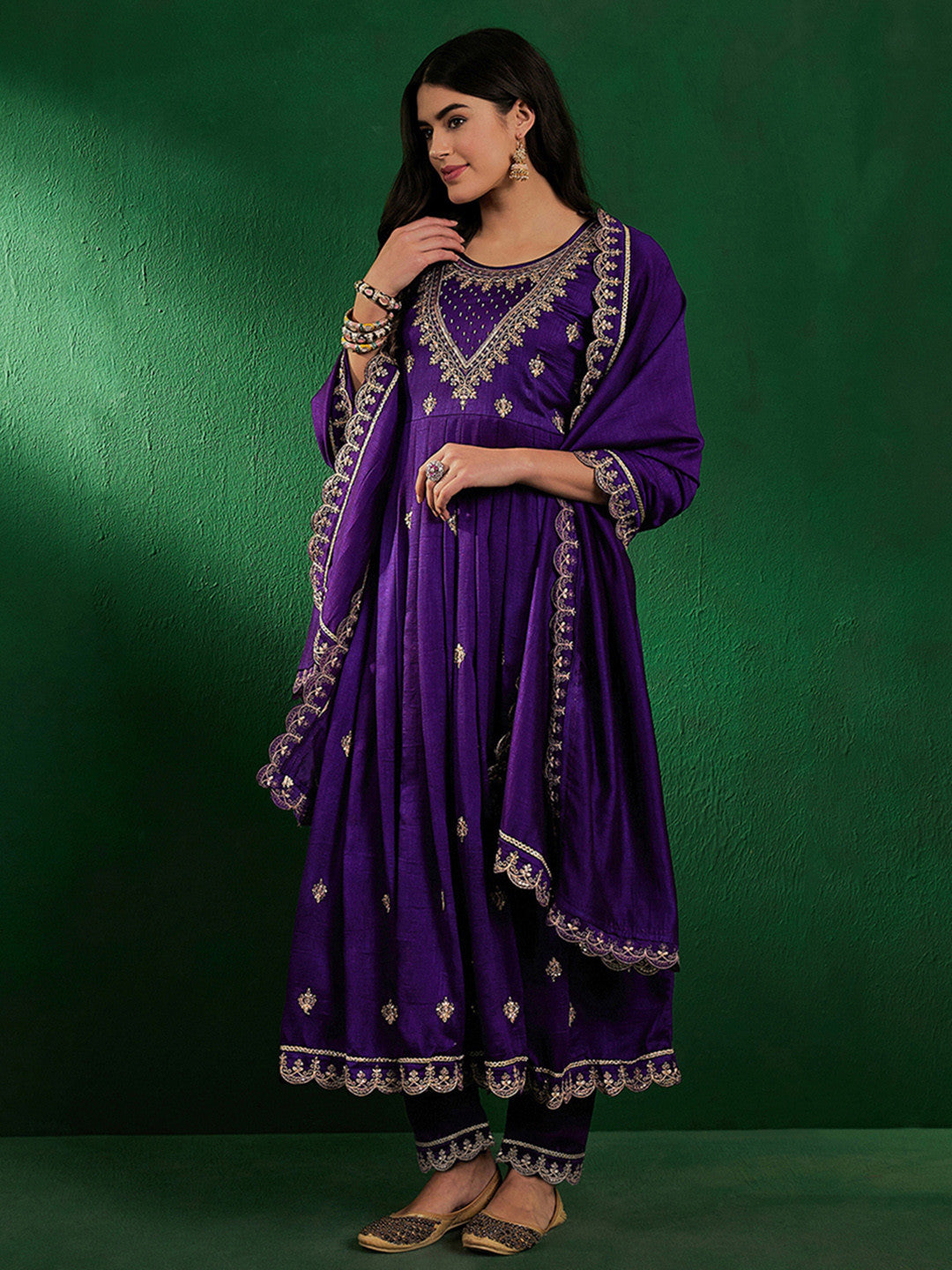 Embroidered Zardosi Zari Sequined Silk Blend A-Line Kurta With Pant & Dupatta
