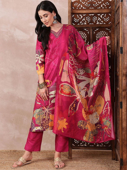 Dhiyona KL Floral Printed V Neck A-Line Kurta With Trousers & Dupatta